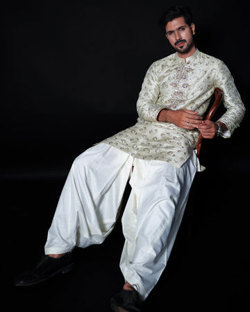 Off-White Embroidered Atlas Kameez Shalwar For Men